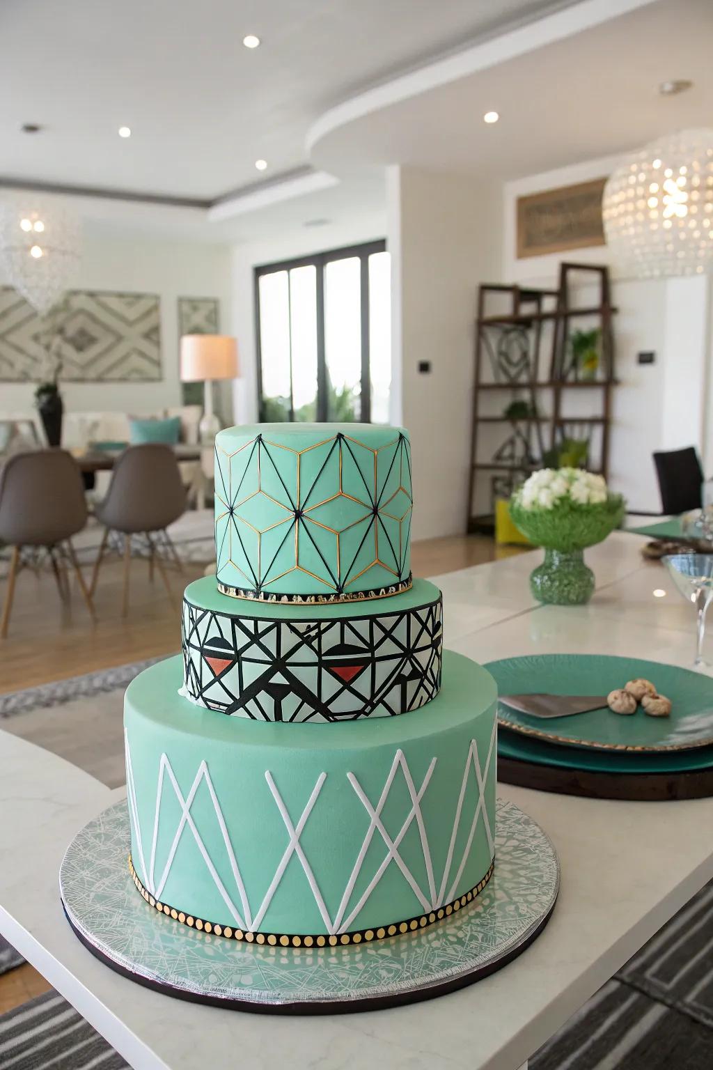 A lime-colored cake featuring modern symmetrical layouts.