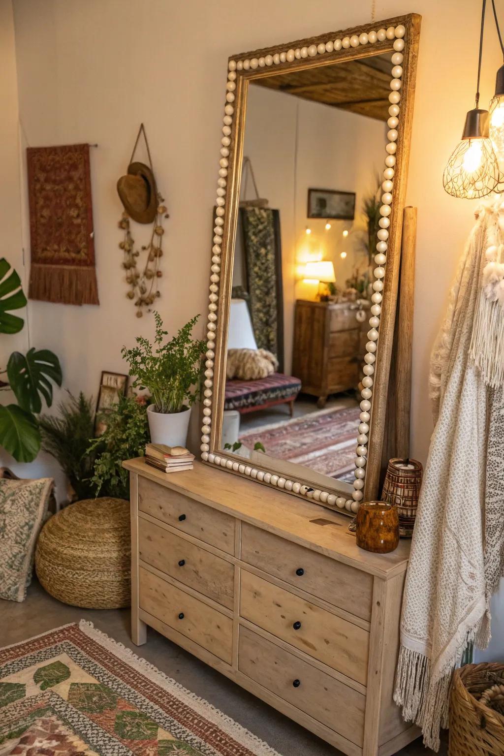 A gemmed frame mirror lends a bohemian flair to a bedchamber.