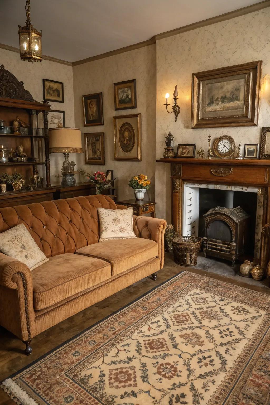 Vintage elements infuse appeal and nostalgia into the cocoa sofa area.