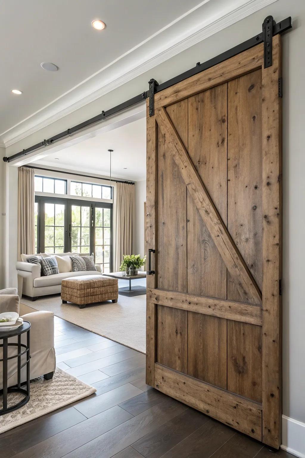 Textured barn doors produce a sophisticated layered visual effect.