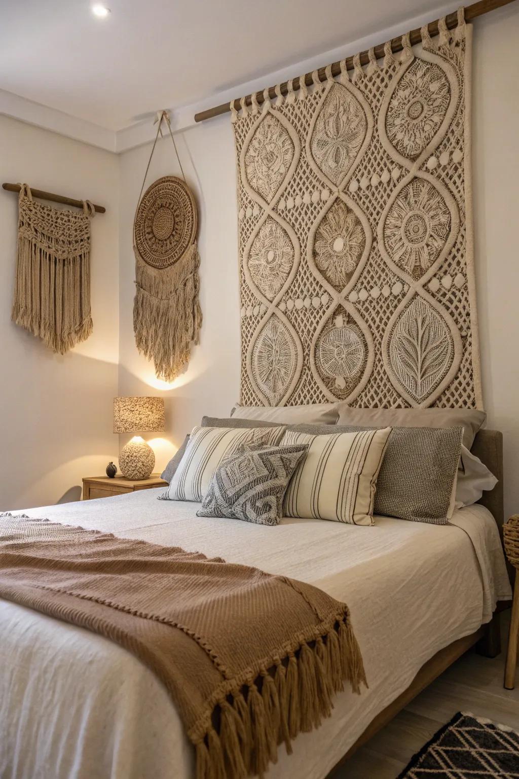 Interwoven textures create a cozy and inviting bed wall.