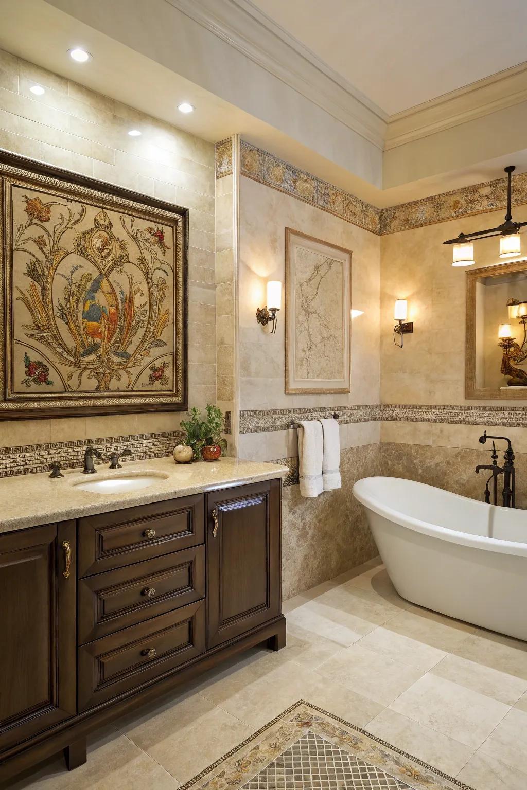 Decorative tiling sheets add artistic flair to your bathroom.