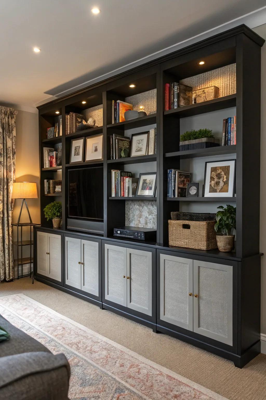Dark shelving units with gray backing provide a stylish display.