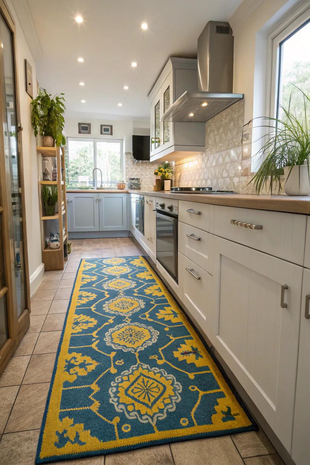 A patterned rug ties the room together with comfort and style.
