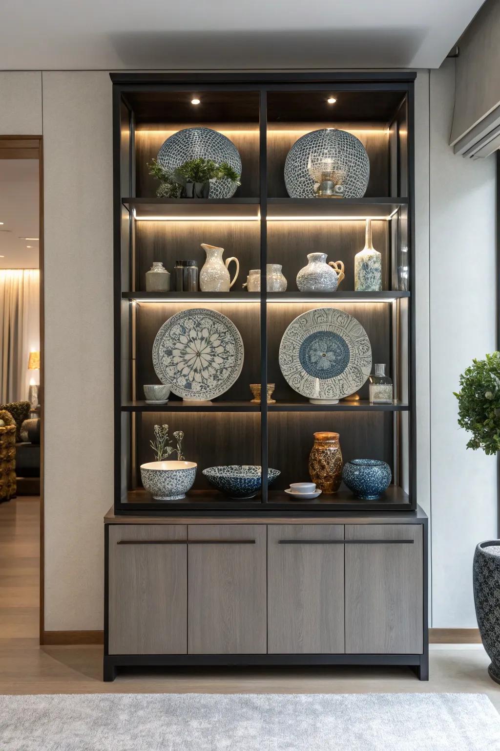 Layered display cabinet design to add depth.