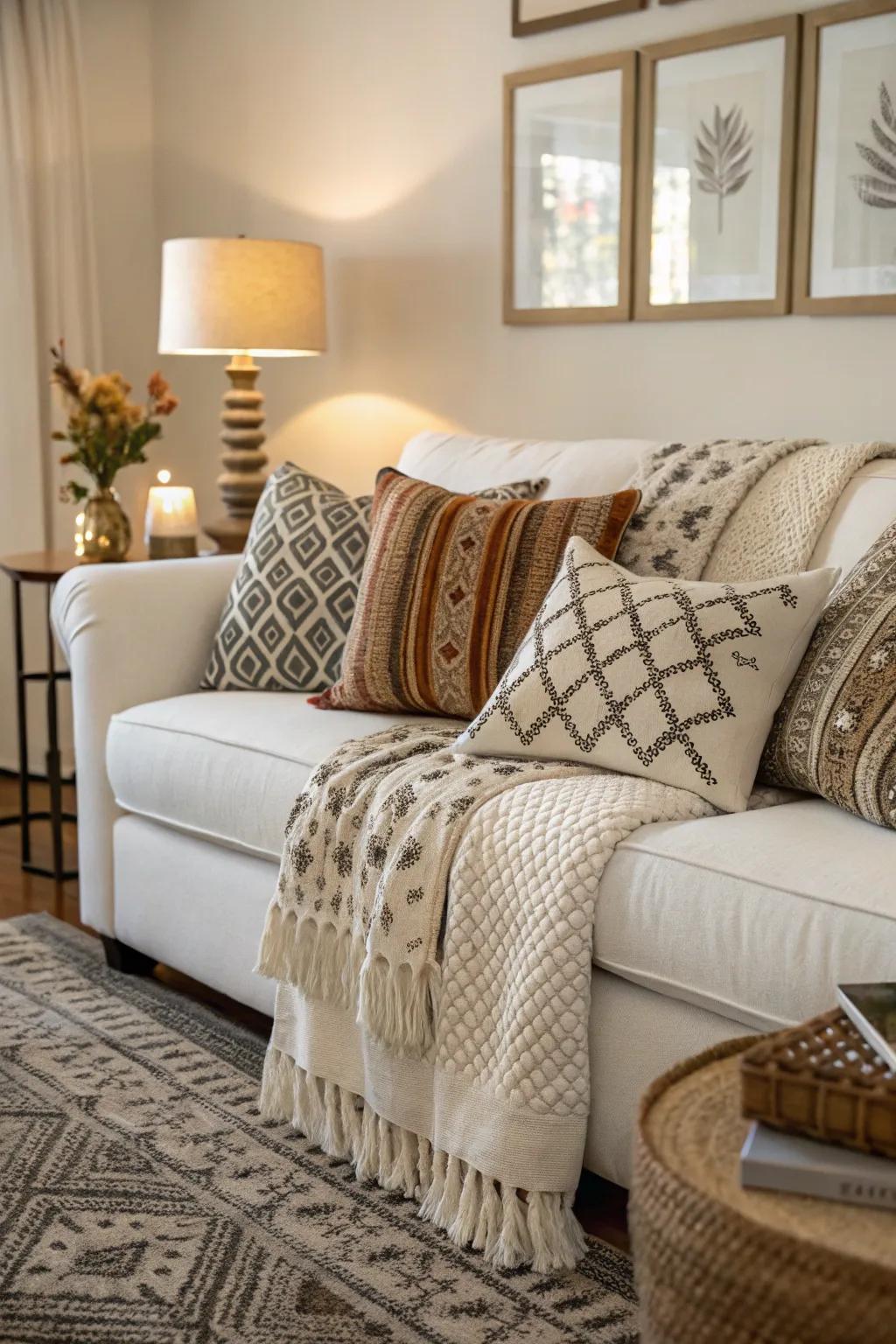 Overlaid designs incorporate depth and interest.