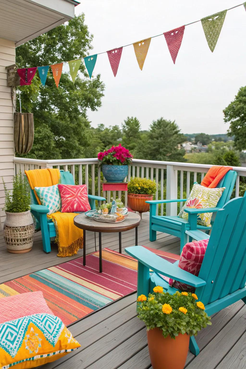 A deck design that springs to life with vibrant furniture and decor.