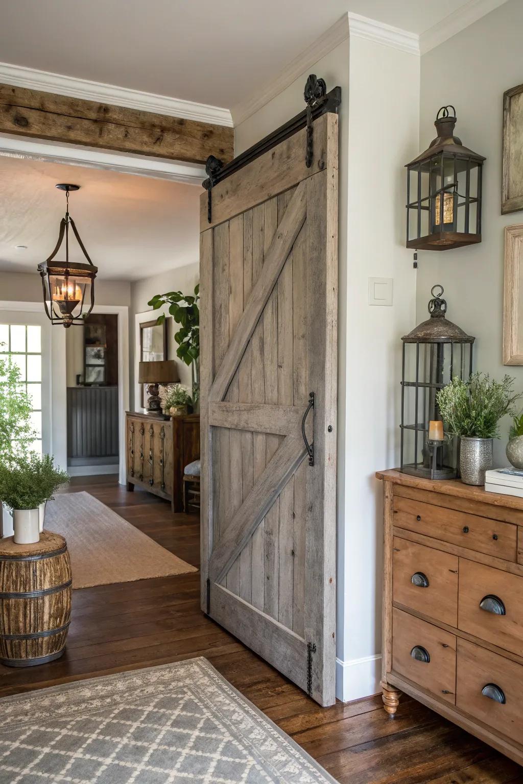 A sliding barn door adds a country element and visual appeal.