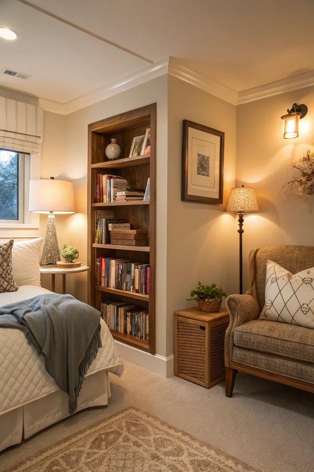 A reading nook provides a peaceful retreat in this guest bedroom.