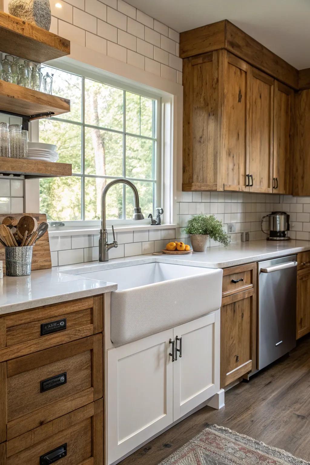 A farmhouse sink unites functionality with classic style within this kitchen.