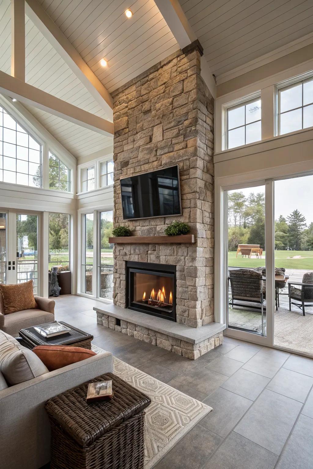 A double-view fireplace presents a distinctive and practical design element.