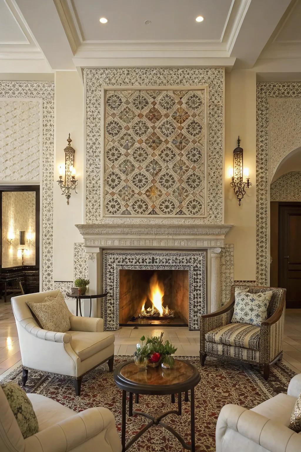 Intricate pattern tile design on a fireplace.