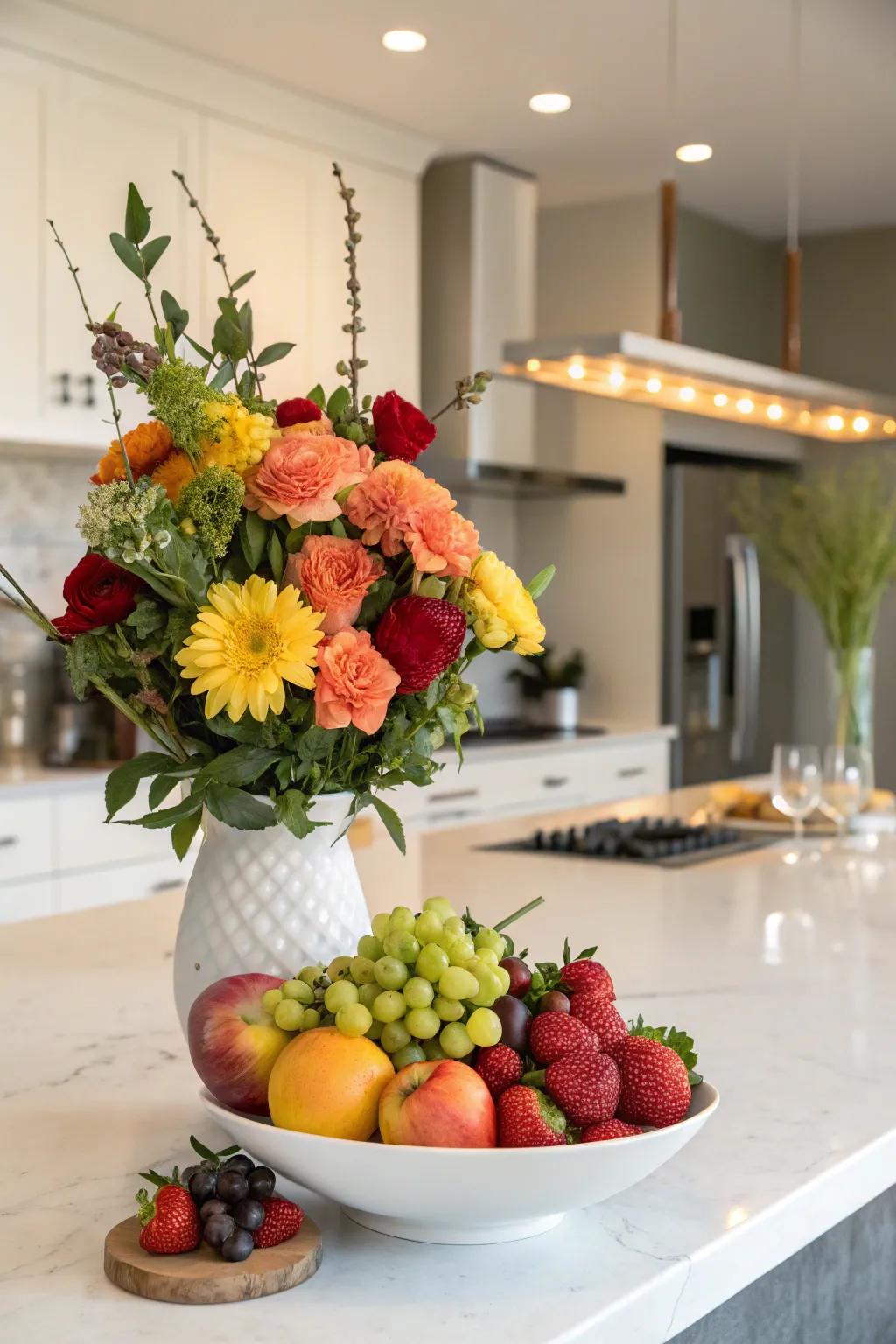 An odd combination of flowers and fruits for a refreshing aesthetic.