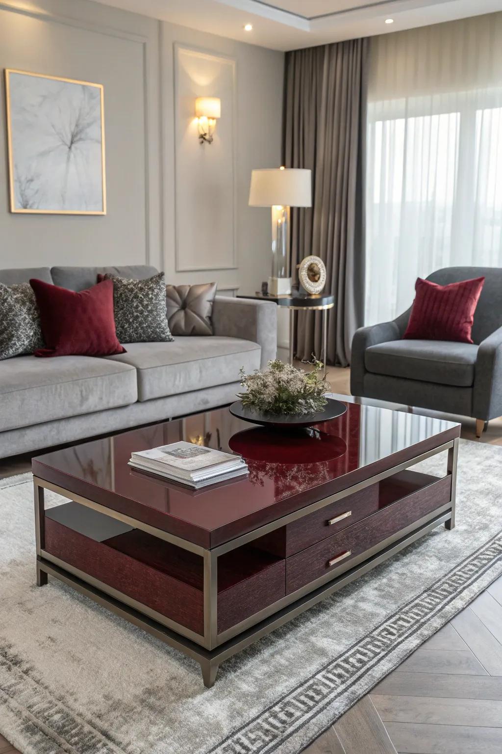 Living area featuring a modern coffee table with carmine touches and neutral toned décor.