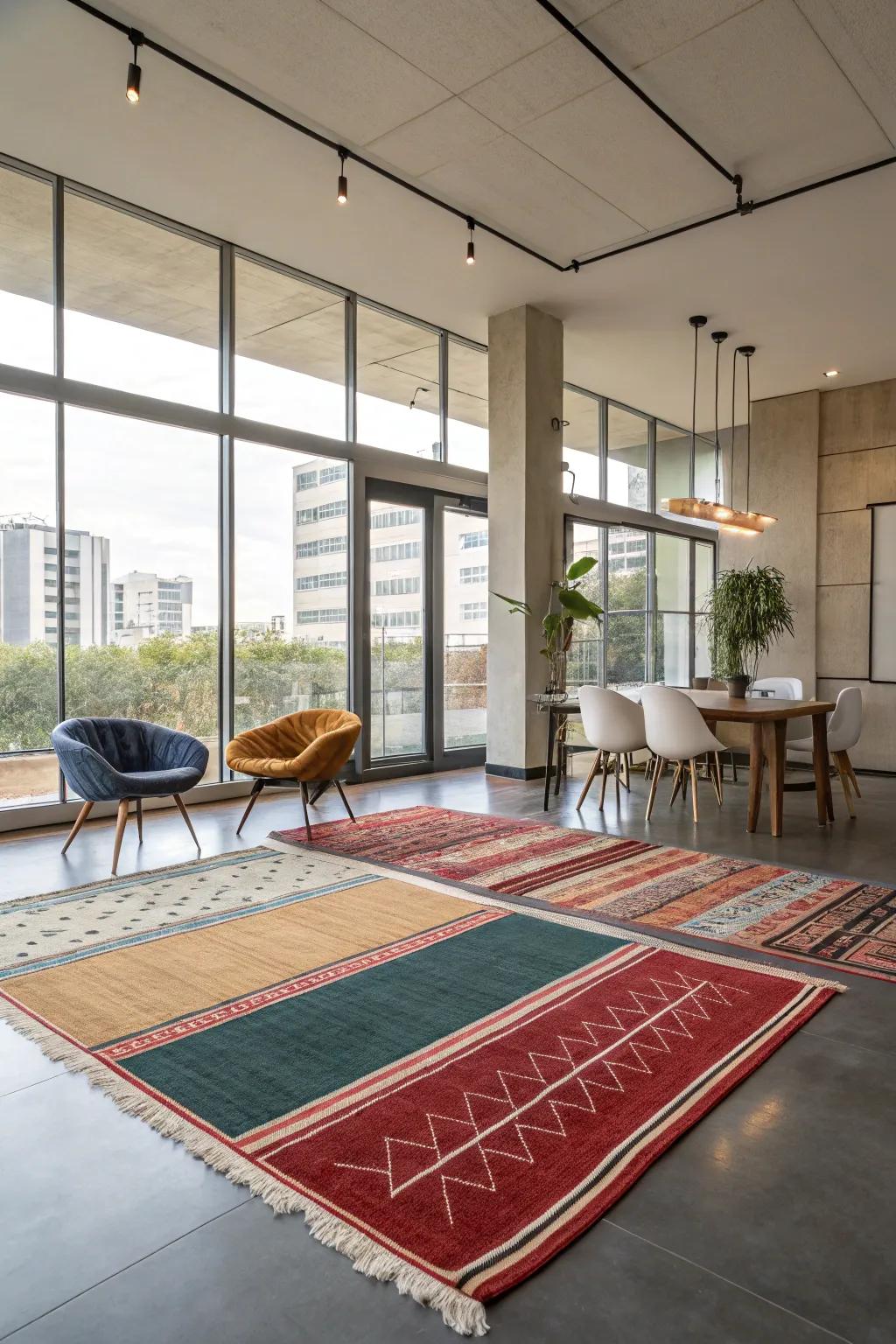 A modern interior uses rugs to define areas within an open setting.