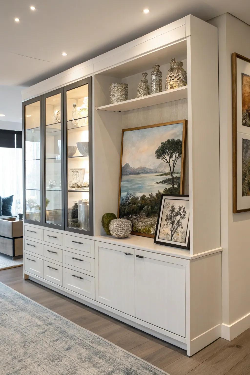Artistic elements enrich the display cabinet with sophistication and draw focus.