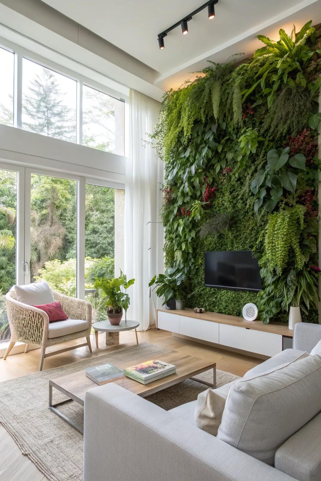 Vibrancy and a touch of nature are brought into the modern family room by using a plant wall.