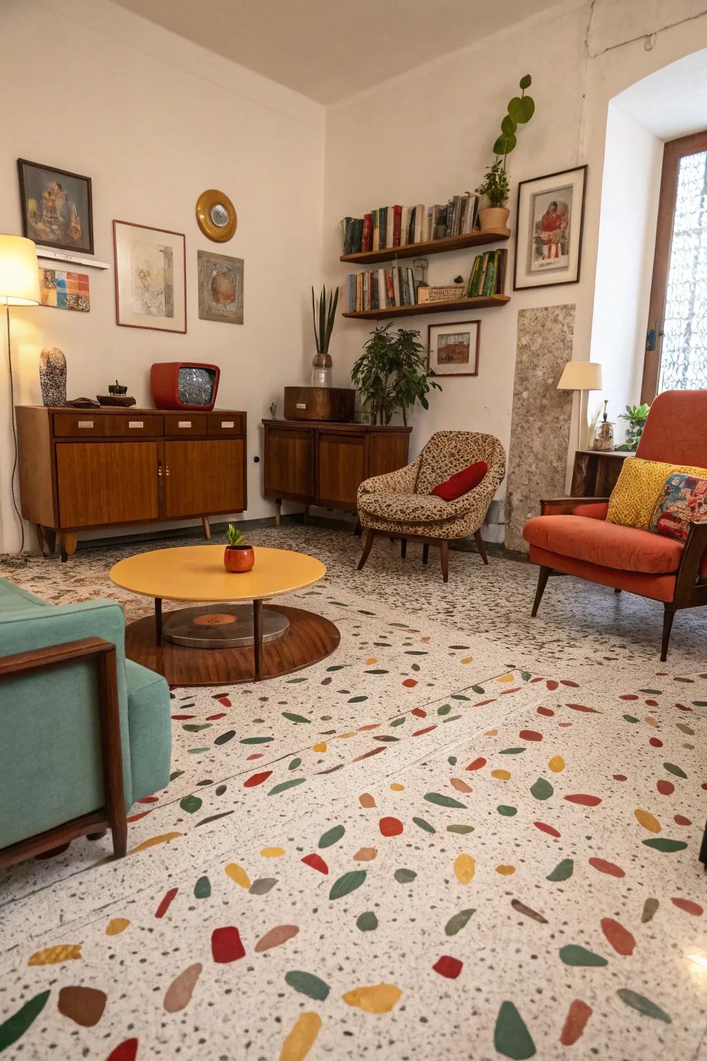 Incorporate a retro vibe via terrazzo flooring.