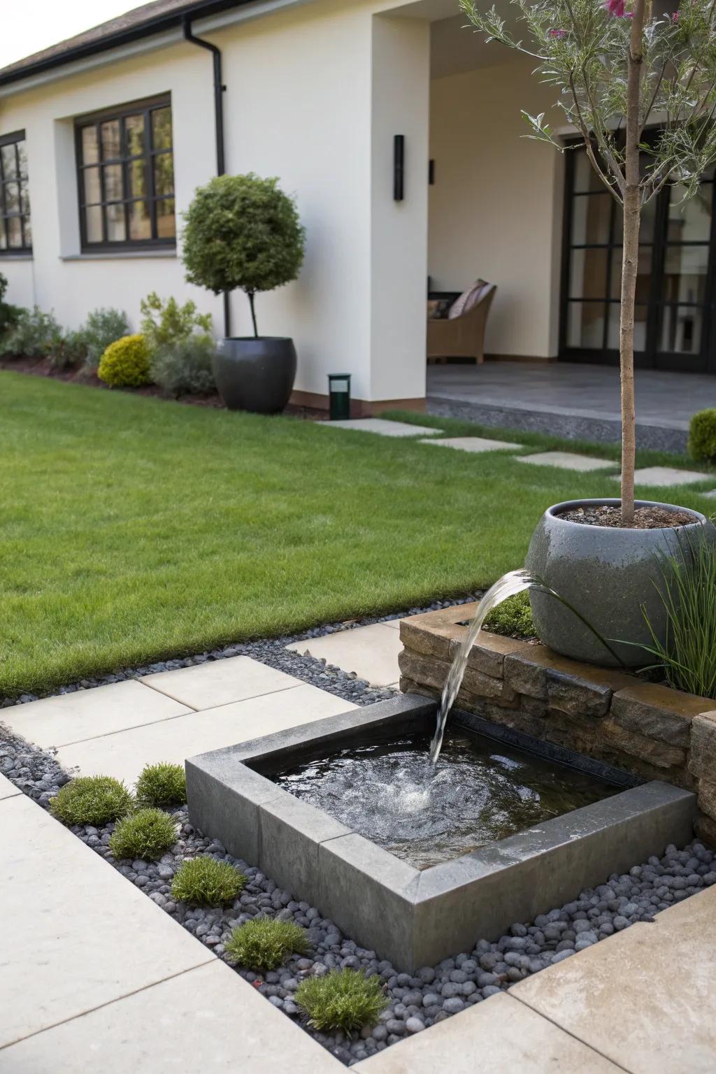 A minimalist water feature adding tranquility to a modern front yard.