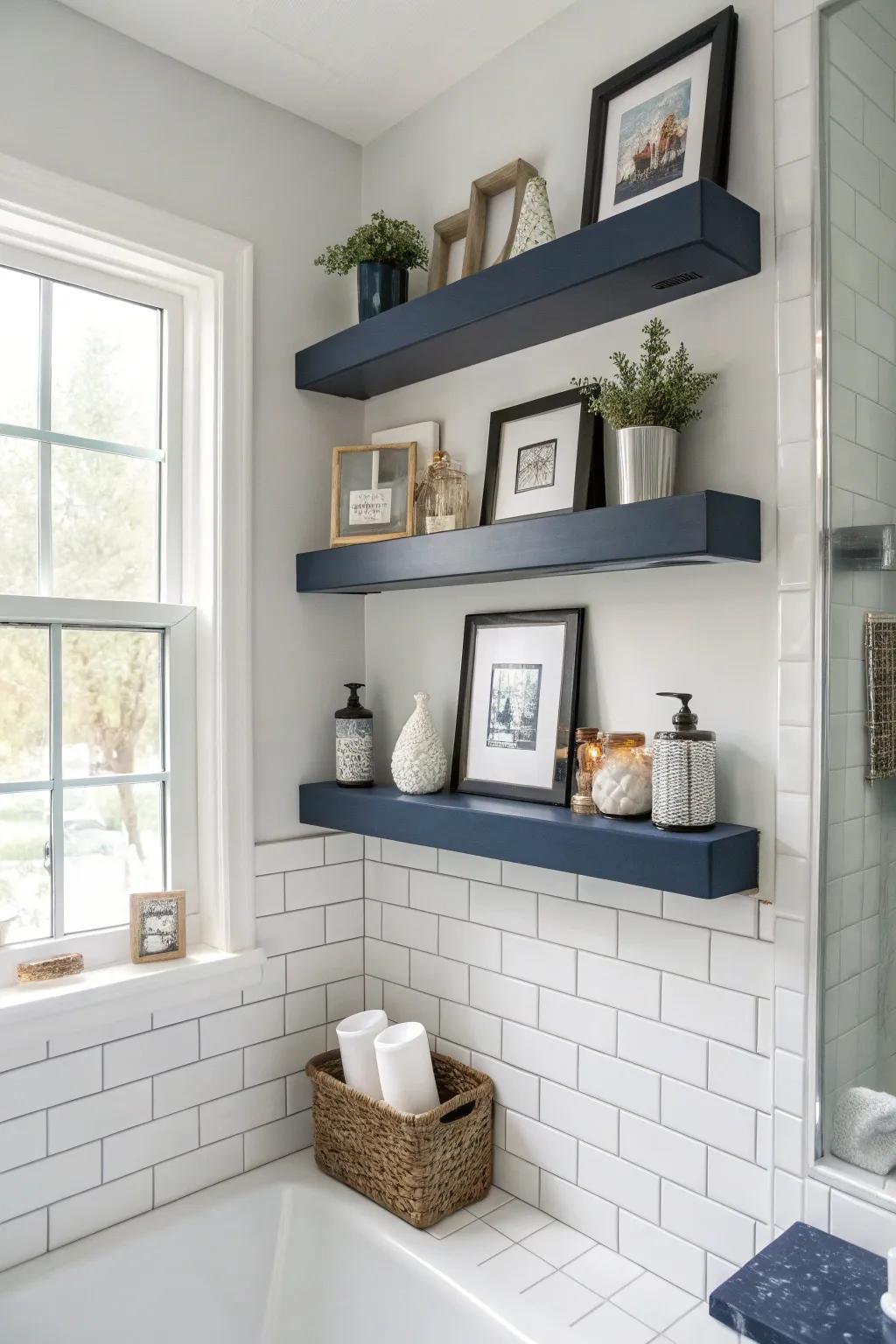 Wall-mounted shelves deliver stylish storage solutions.