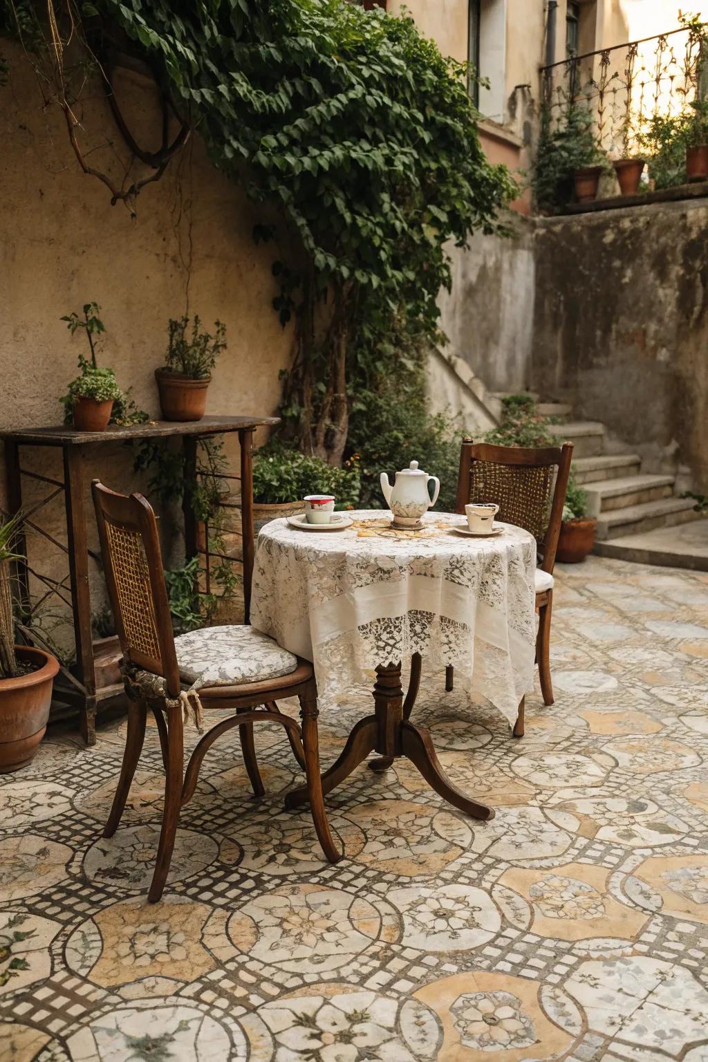 Patterned tiles bring a vintage feel with intricate designs.