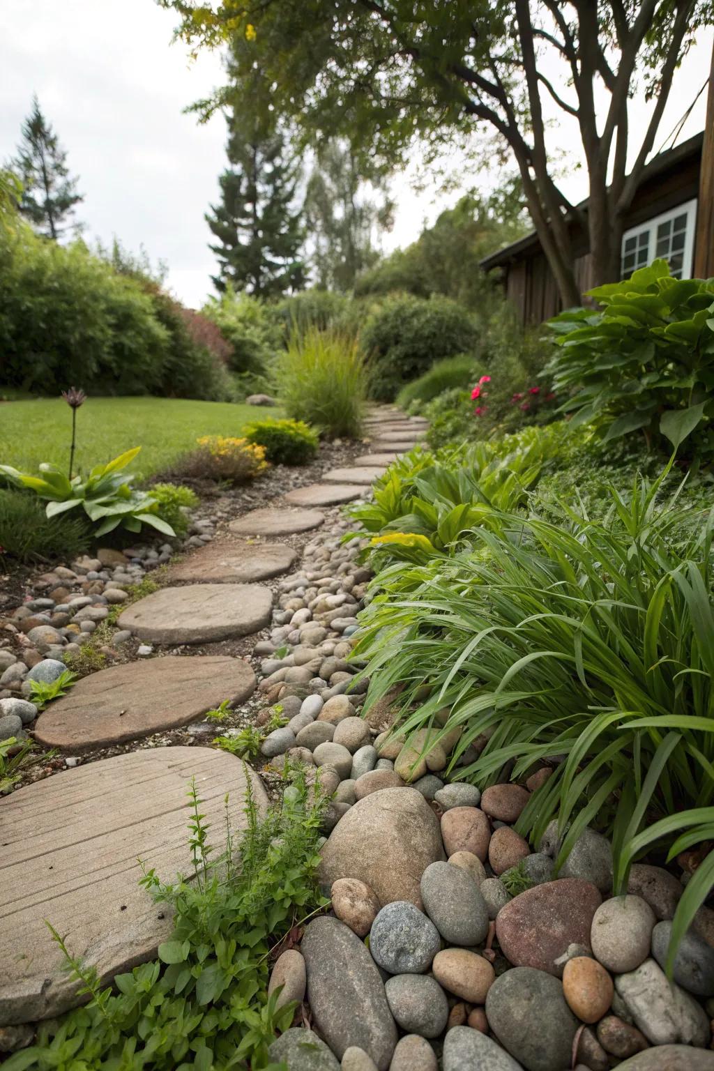 River rocks bring rustic charm and contrast to your garden.