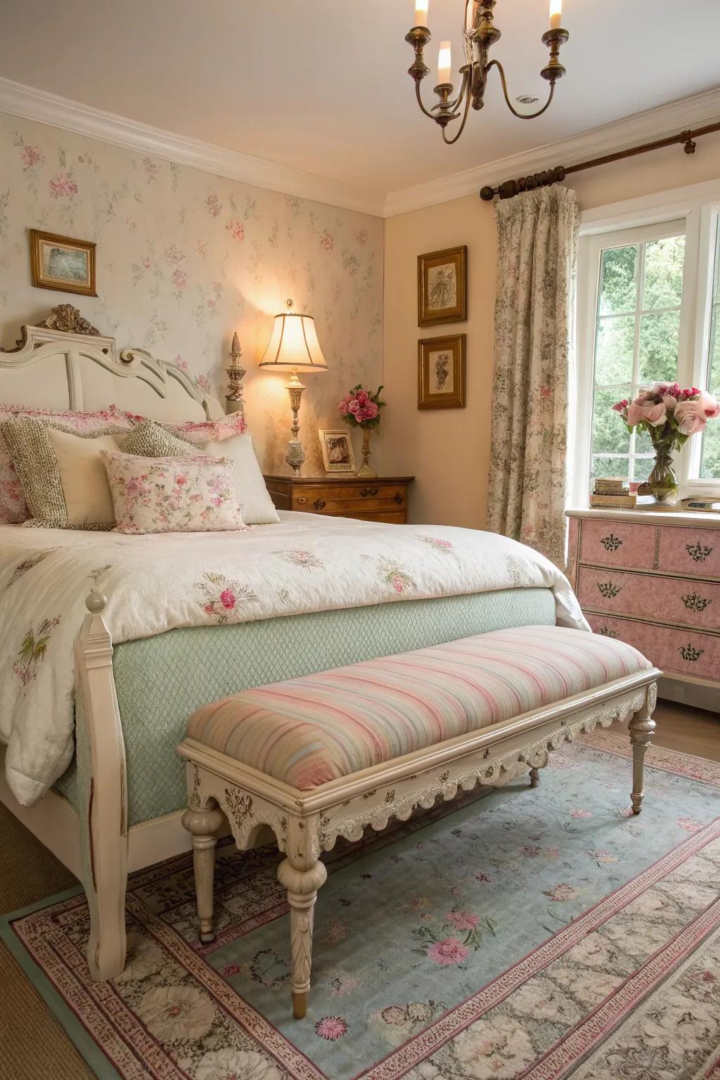 A vintage bench adds style and practicality to this shabby chic bedroom.