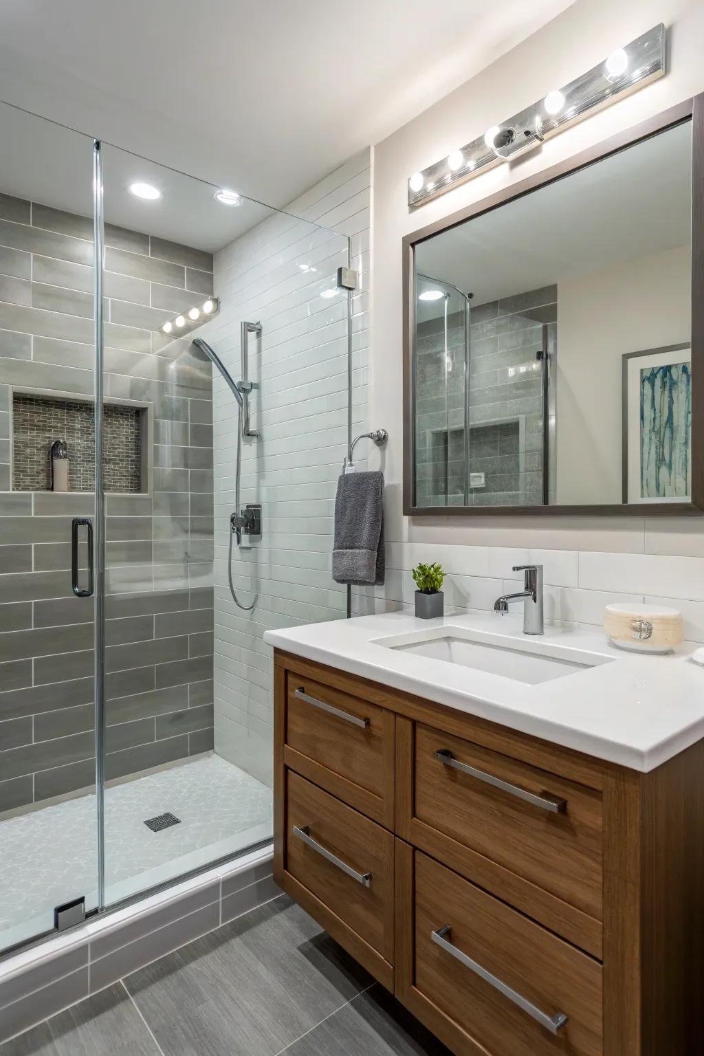 A refined vanity space that enriches the contemporary shower aesthetic.