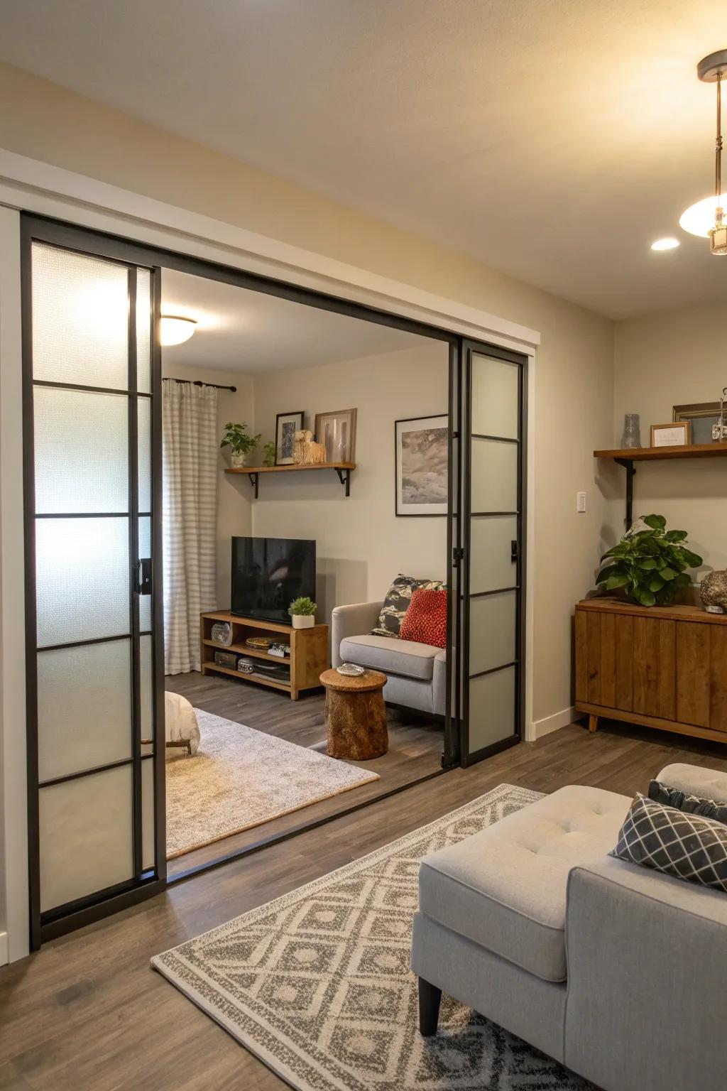 A compact living area with contemporary sliding doors to save space.