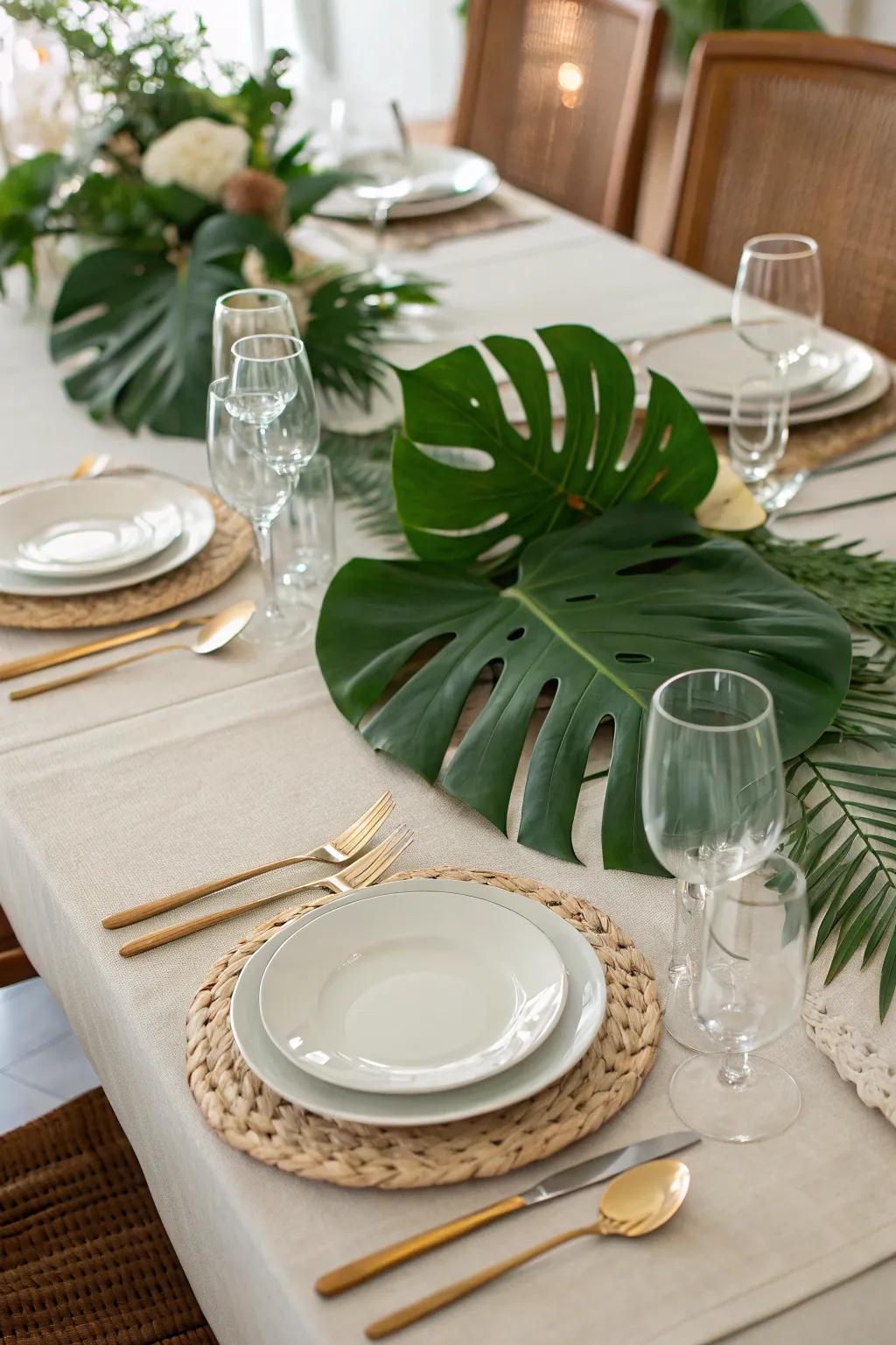 A chic table runner made of monstera leaves.