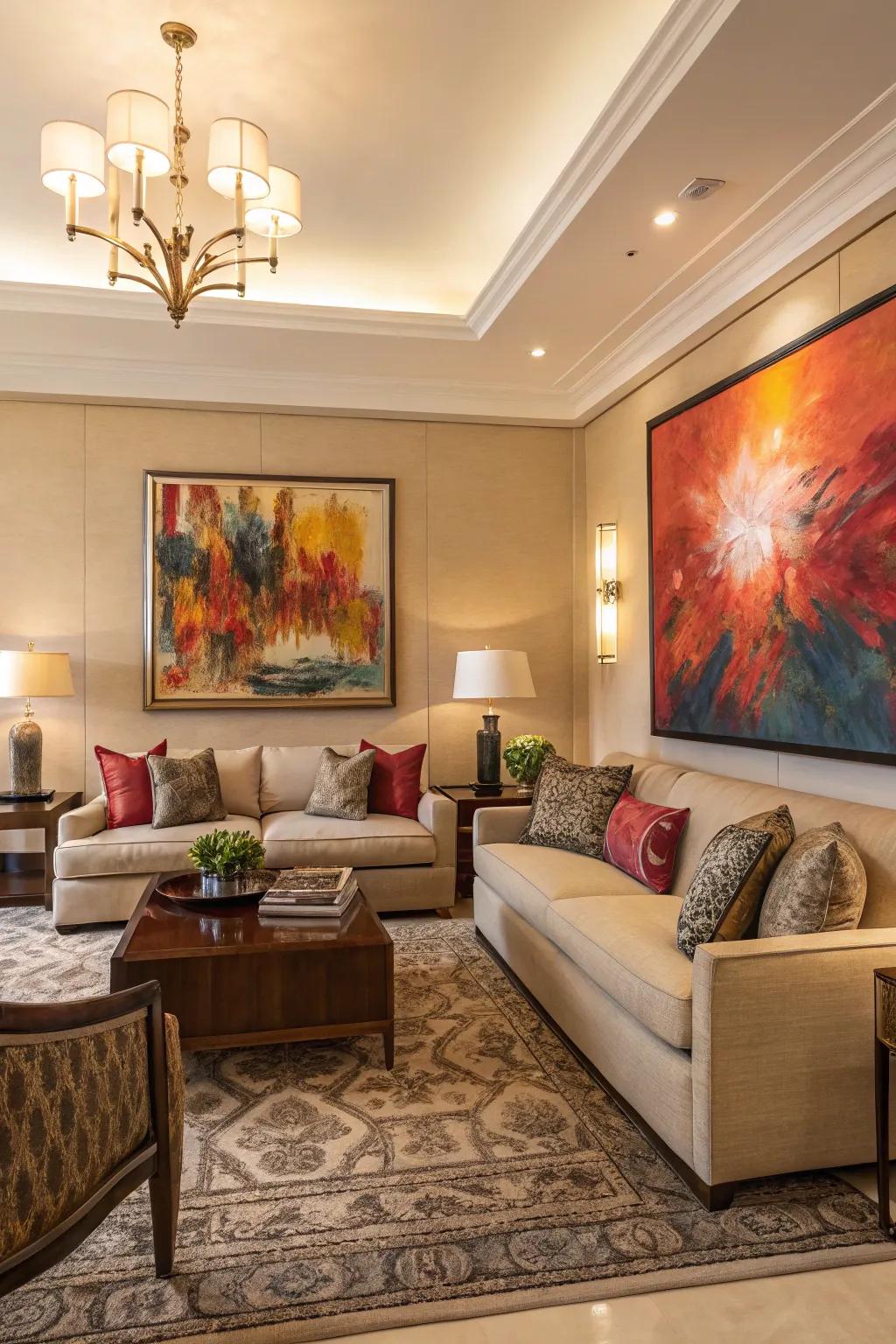 A bold work of art creating a main point in a calmly lit living room.
