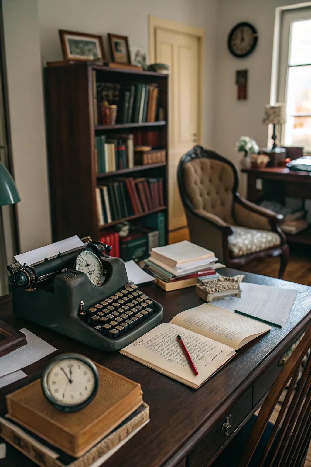 Vintage highlights impart a unique charm to the workspace.