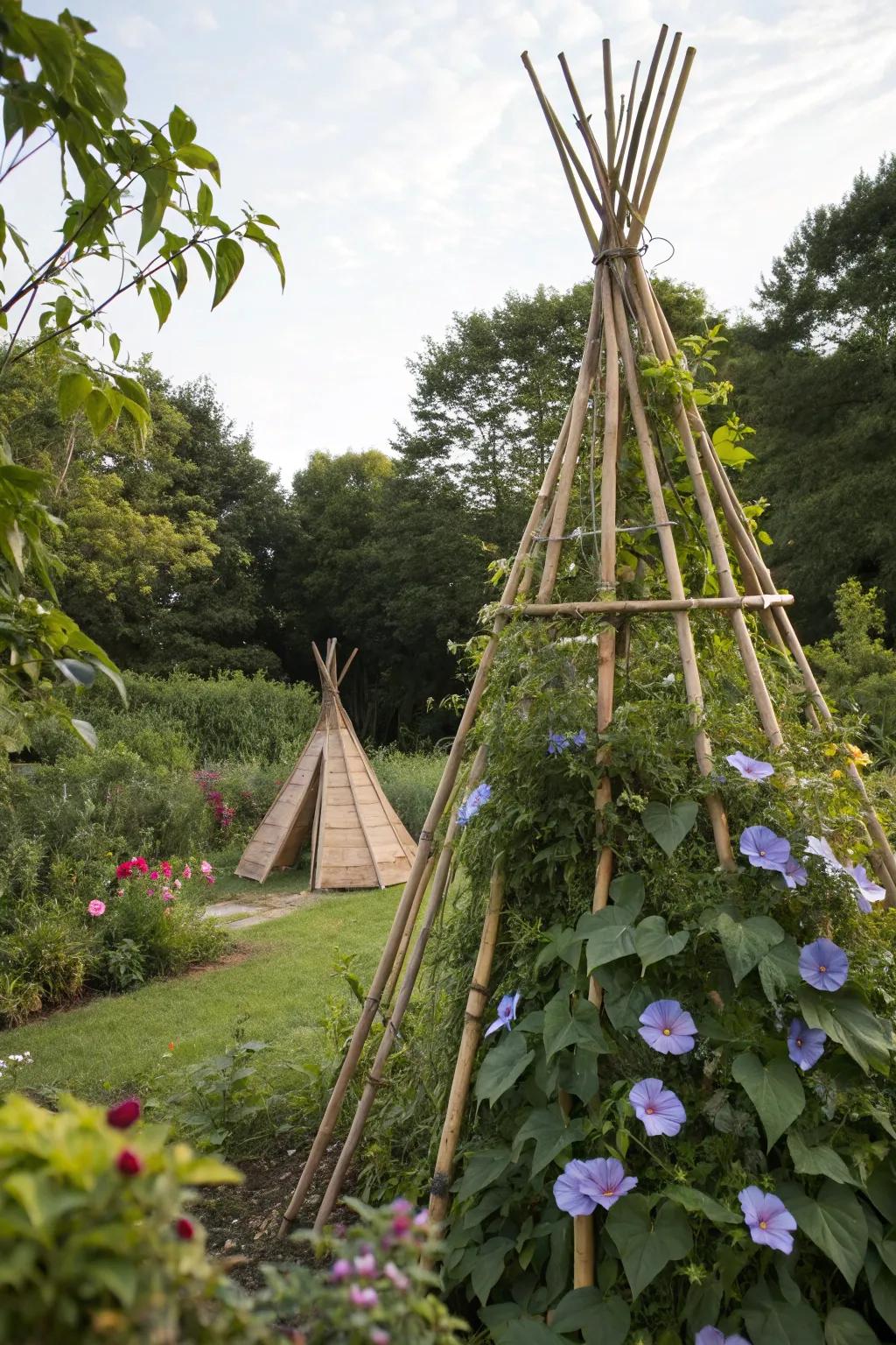 A bamboo teepee structure serves as a whimsical garden focal point.