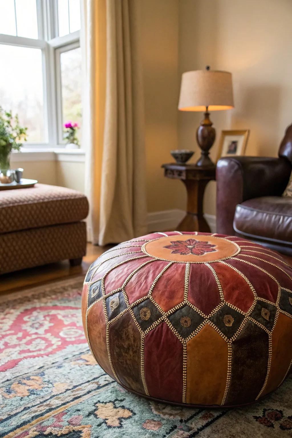 A fashionable Moroccan leather pouf enhancing any room's decor.