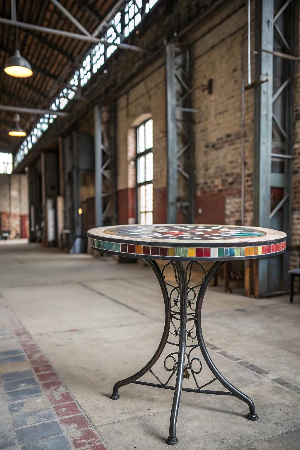 Utilitarian mosaics merge metal and tiles to achieve a contemporary edge.