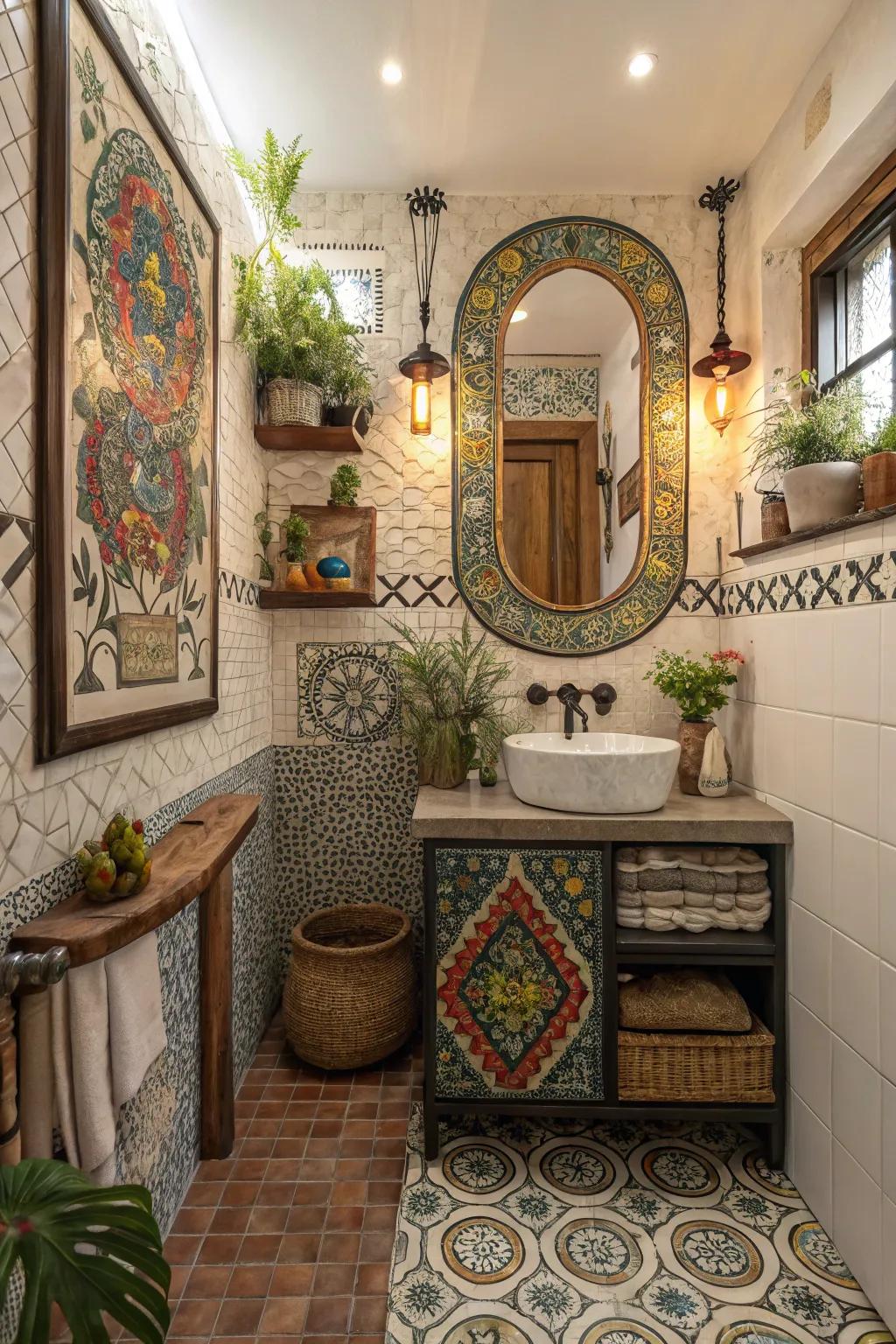 A bathroom displaying a unique personalized mosaic layout.