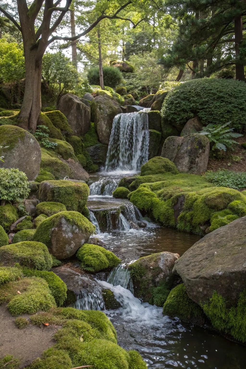 A serene garden waterfall flowing over lush moss stones.