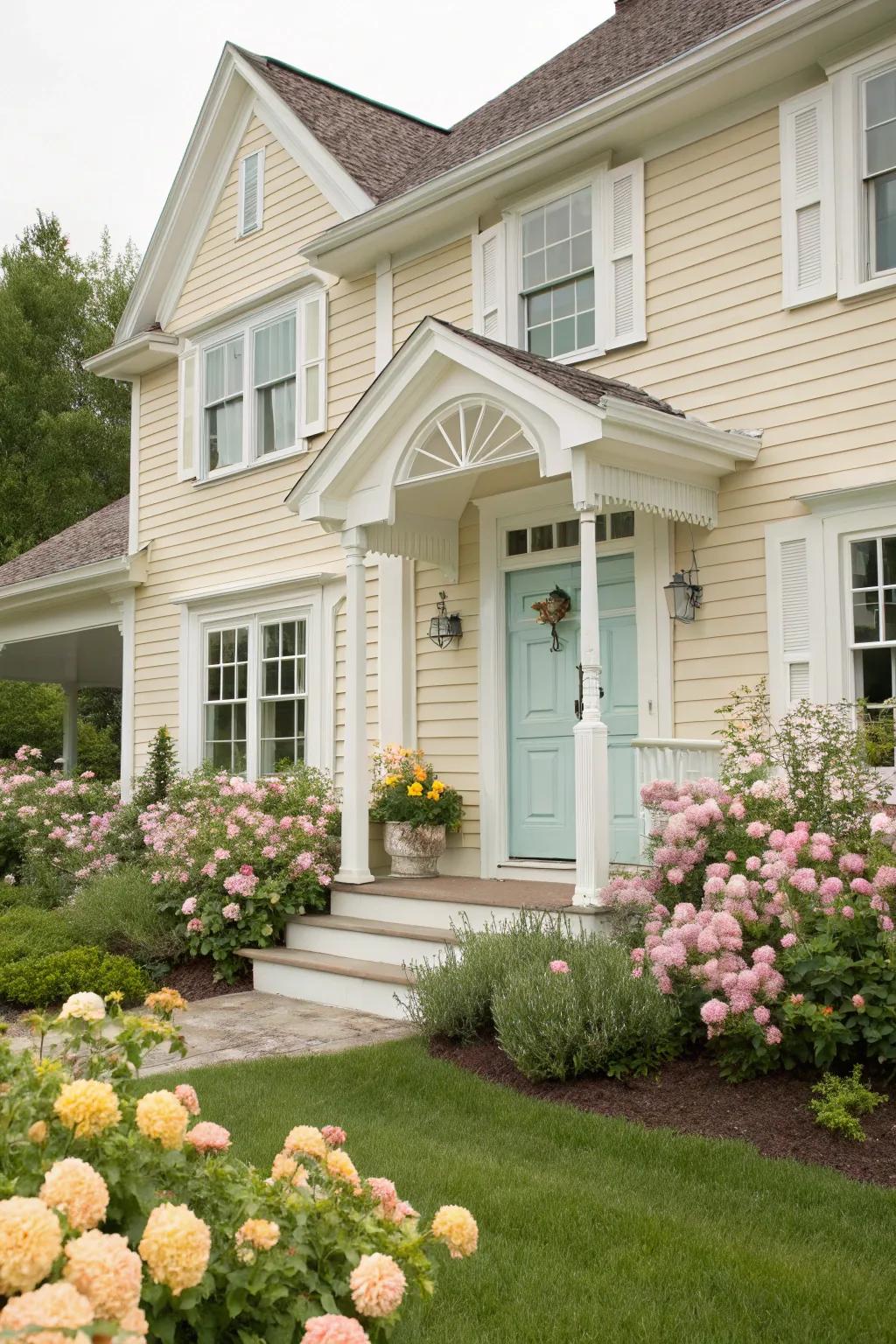 Pale blue front door enhances the tranquility of a beige house.
