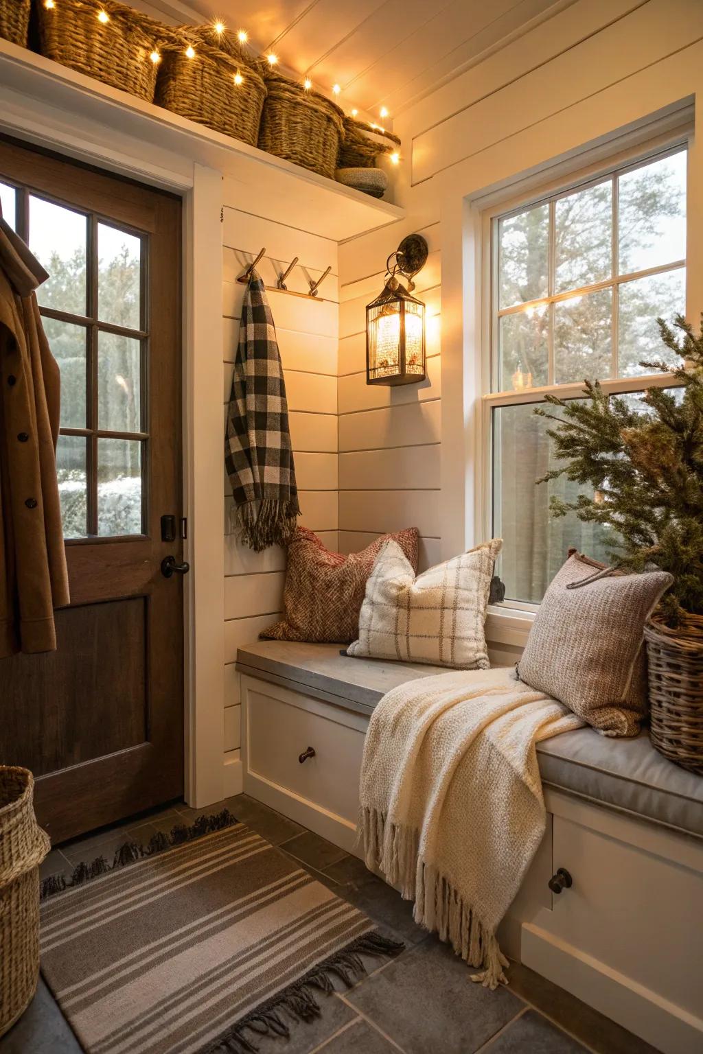 A cozy nook adds warmth and comfort to the utility entryway.