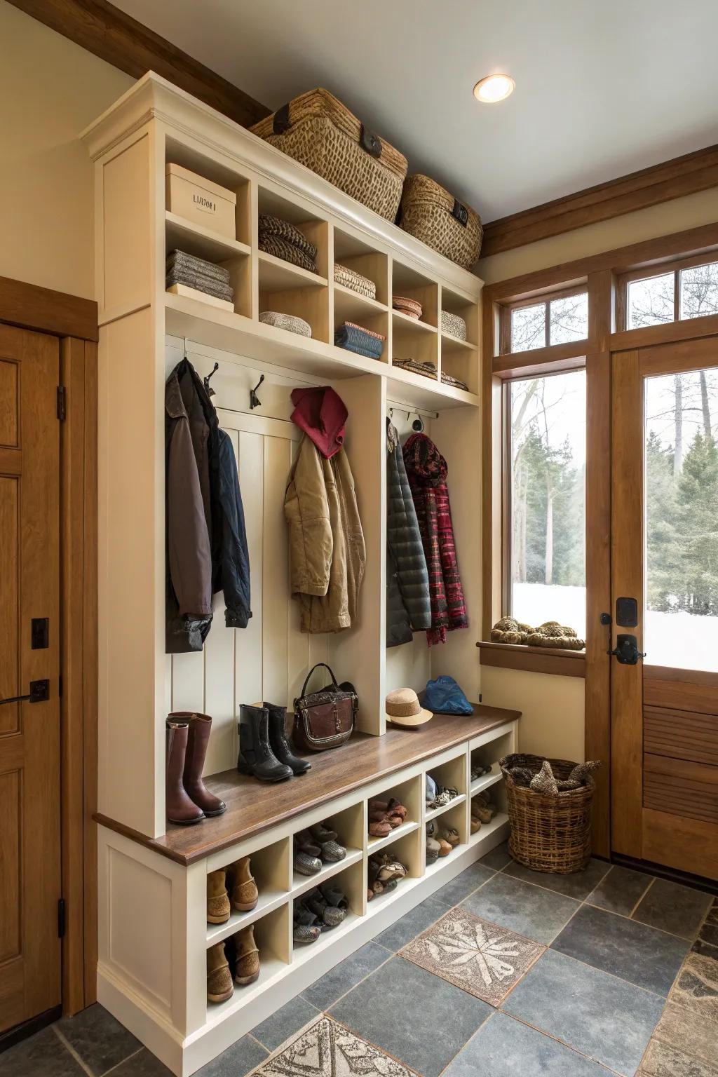 Mudroom that features open shelving, ensuring smooth accessibility and structured display of items.