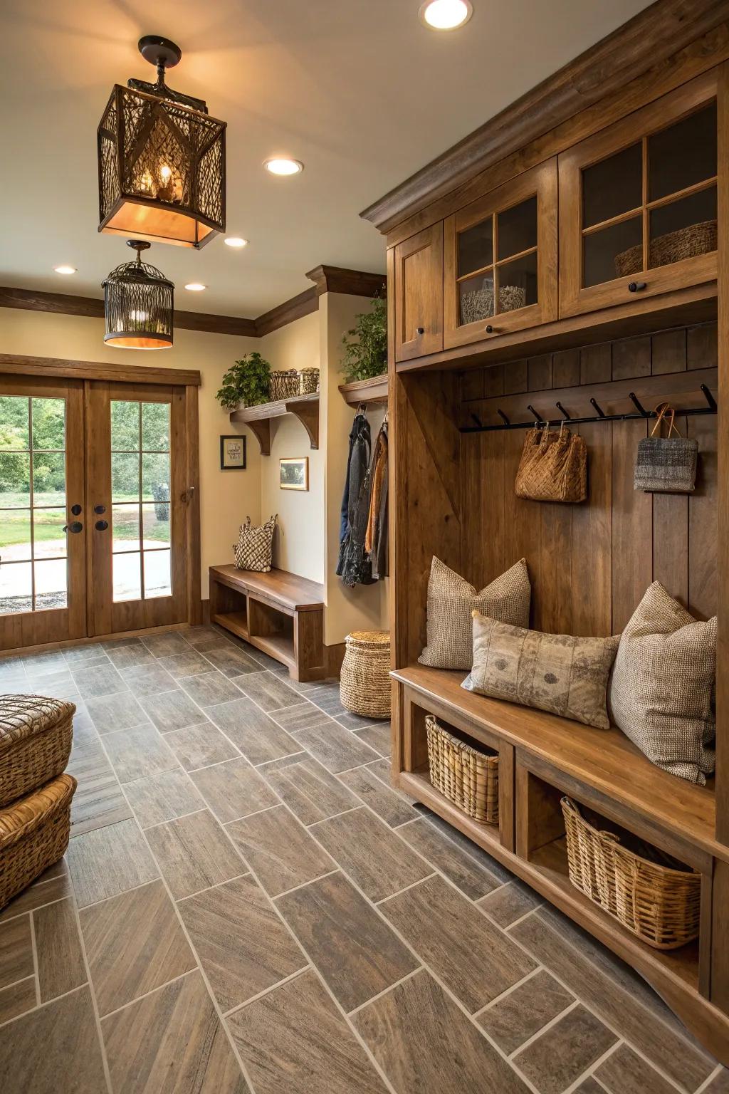 Wood-look tiles imparting warmth to a mudroom