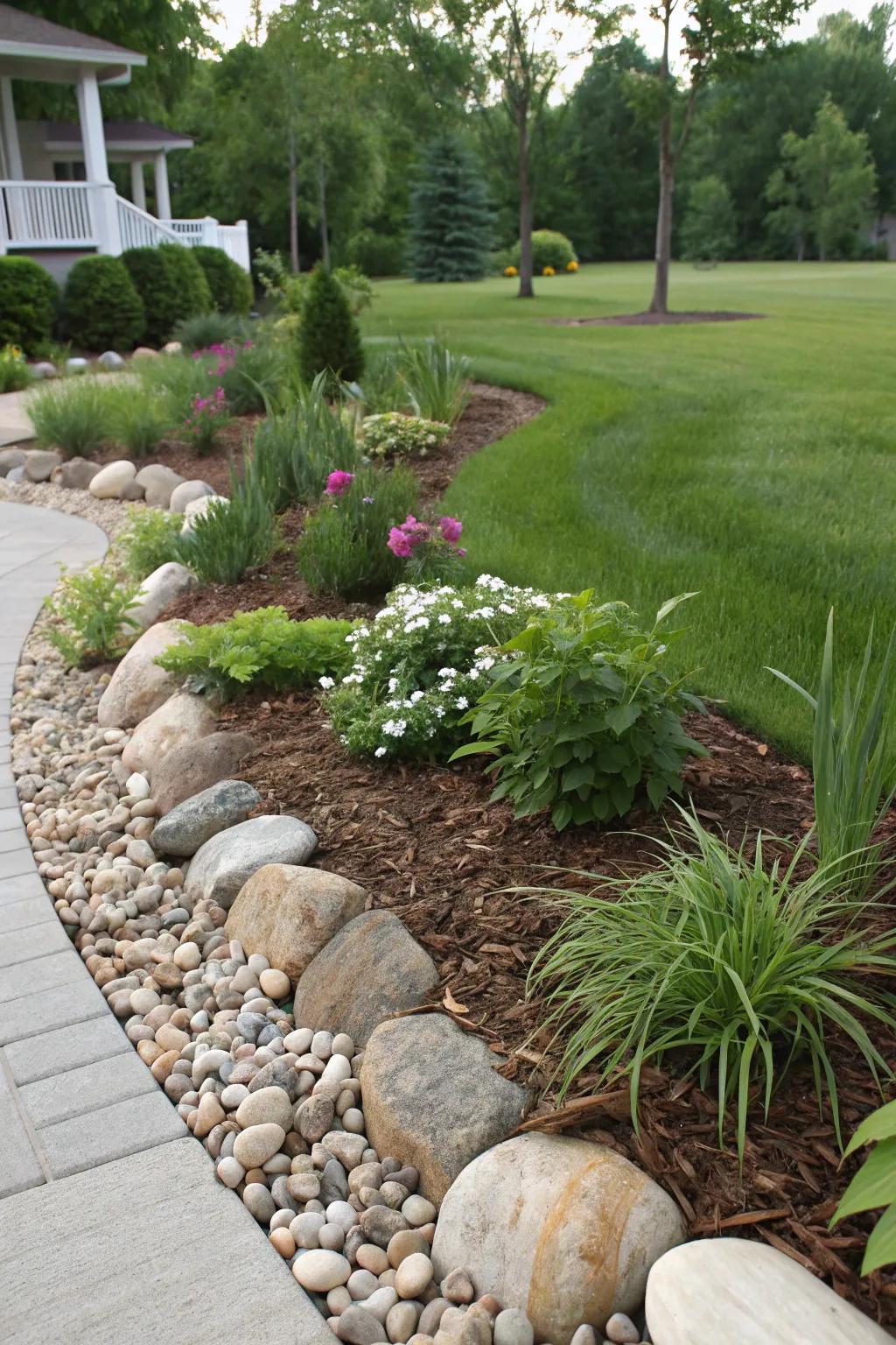 Stones and mulch establish a harmonious garden border.