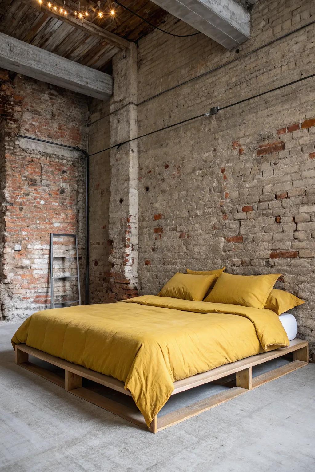 An industrial chic bedroom featuring goldenrod bedding and raw textures.