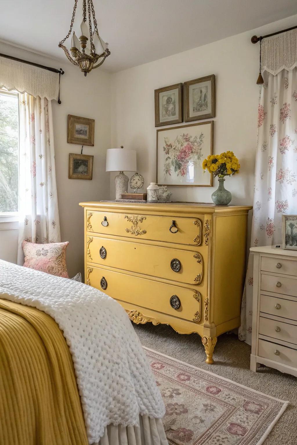 A bedroom exhibiting a classic wheat hutch and decor.