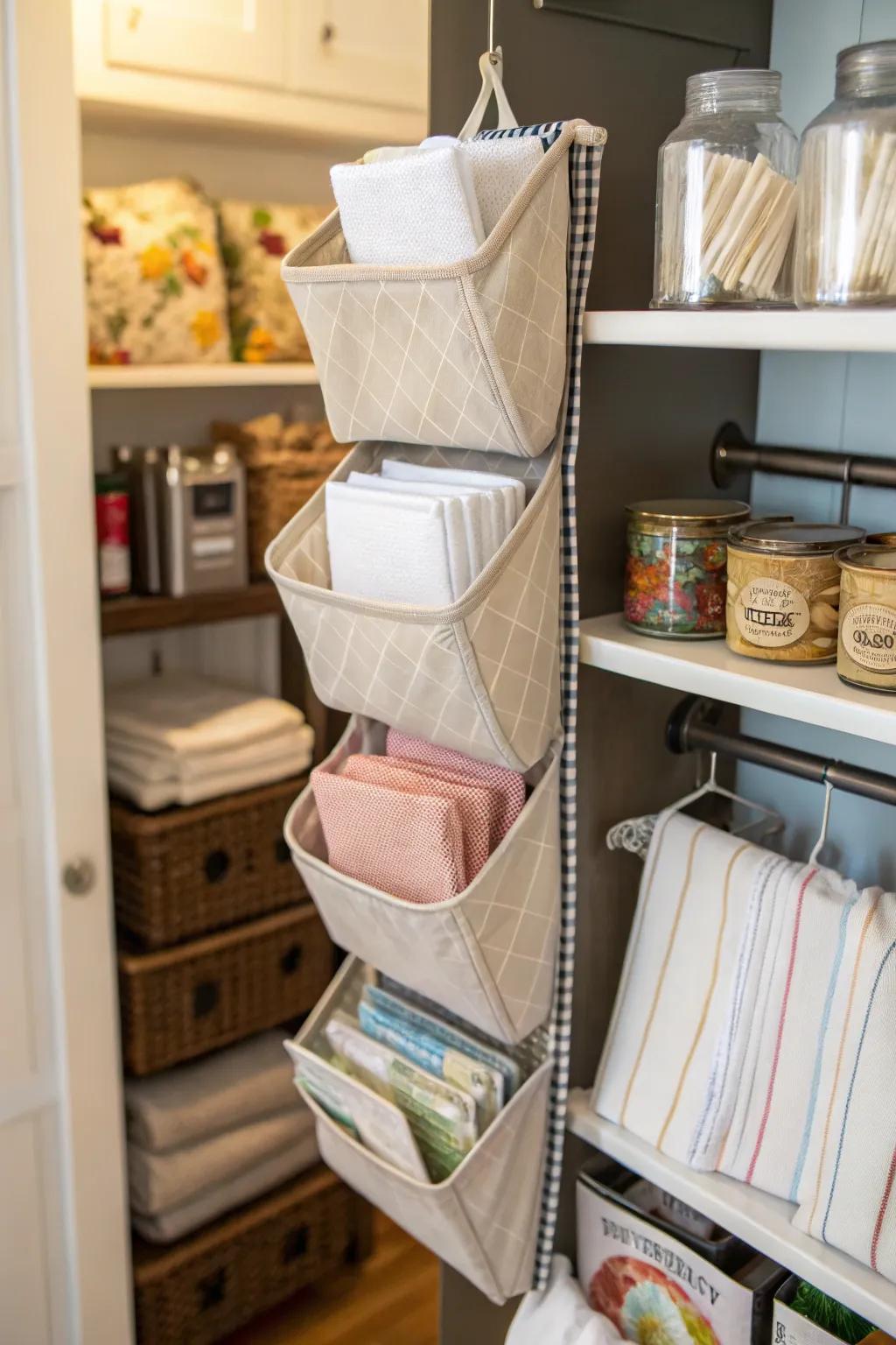 Hanging organizers make napkin storage convenient and accessible.