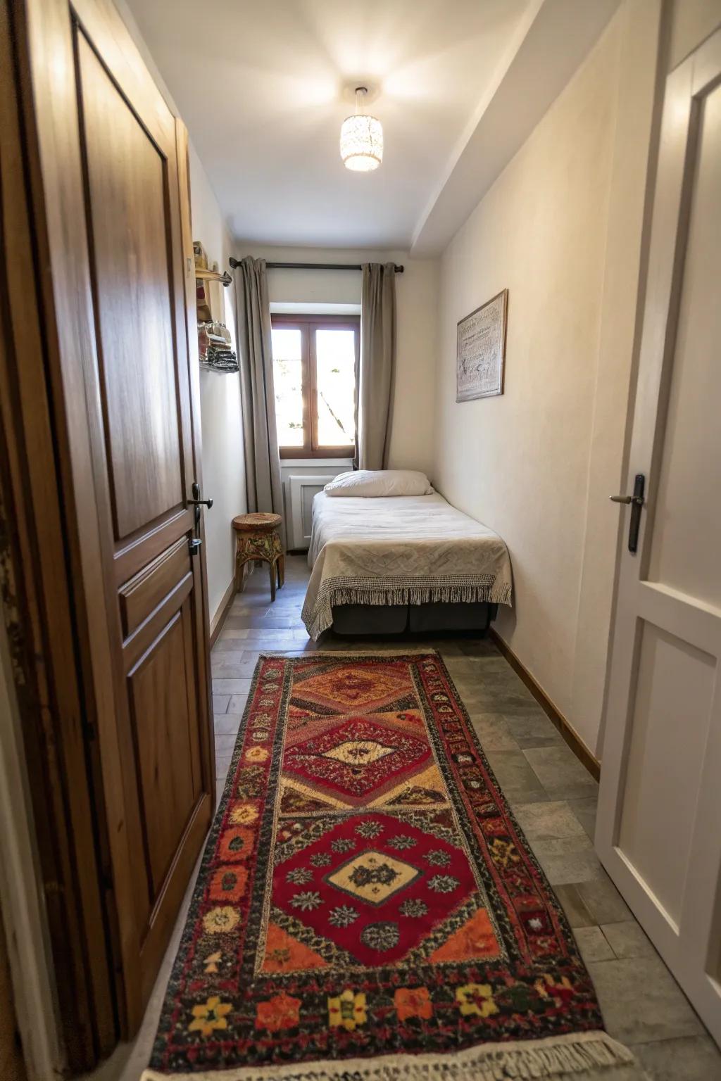 A bold rug anchors and adds personality to a slender bedroom.