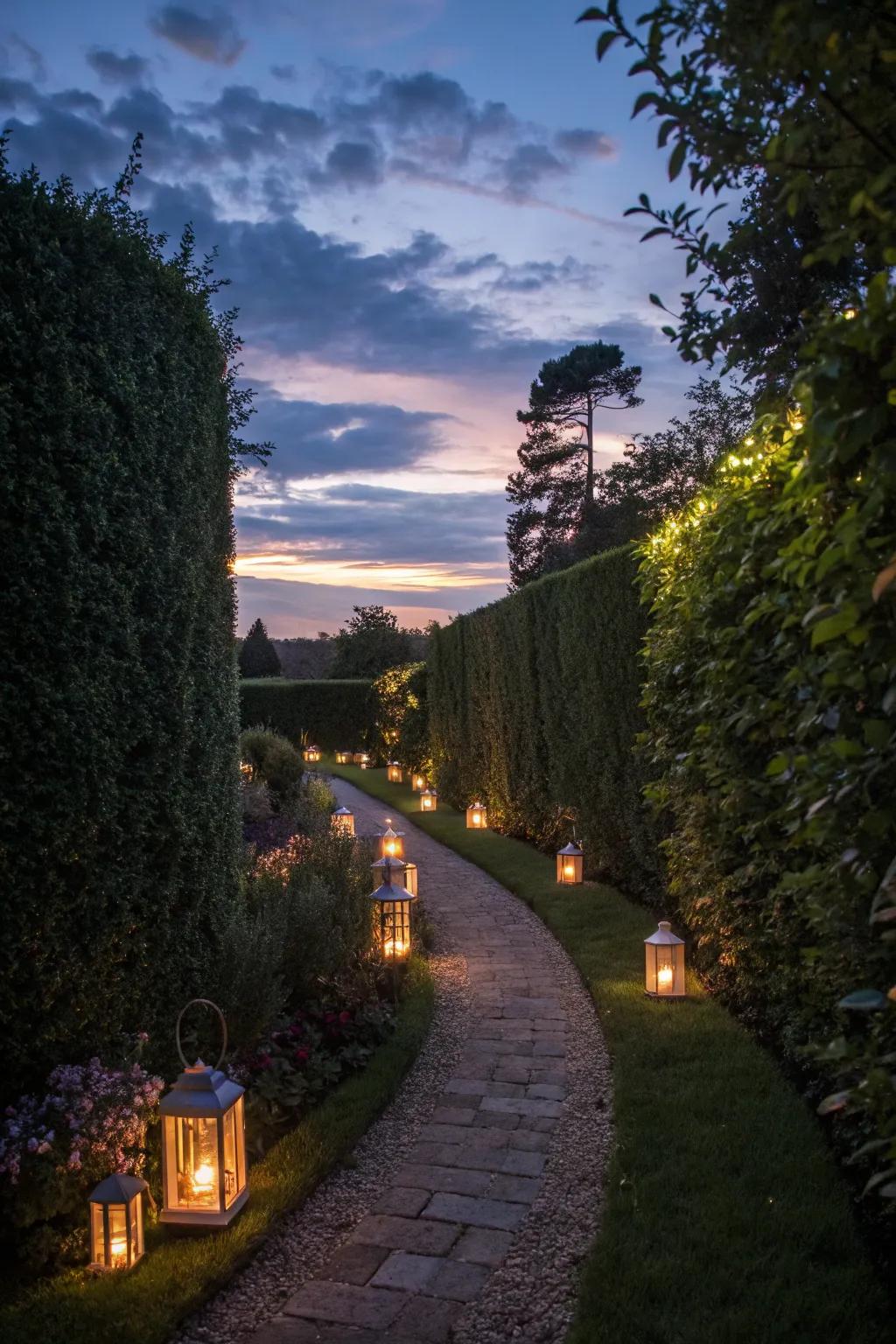 Outdoor lighting adds warmth and magic to a narrow garden at night.