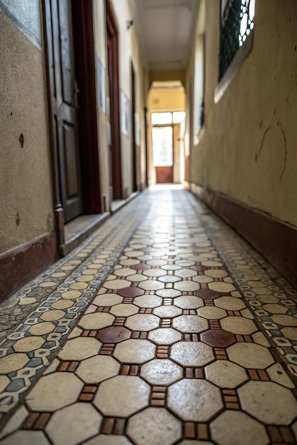 Six-sided tiles add a unique geometric touch to narrow hallways.