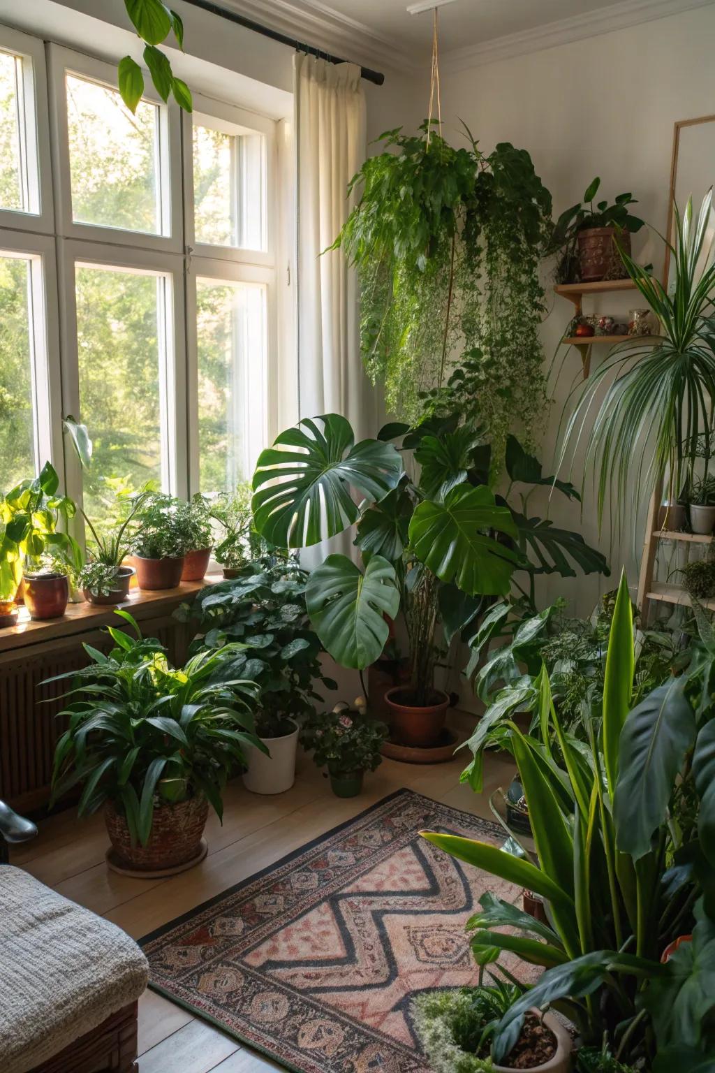 An indoor green space brings vibrant greenery inside.