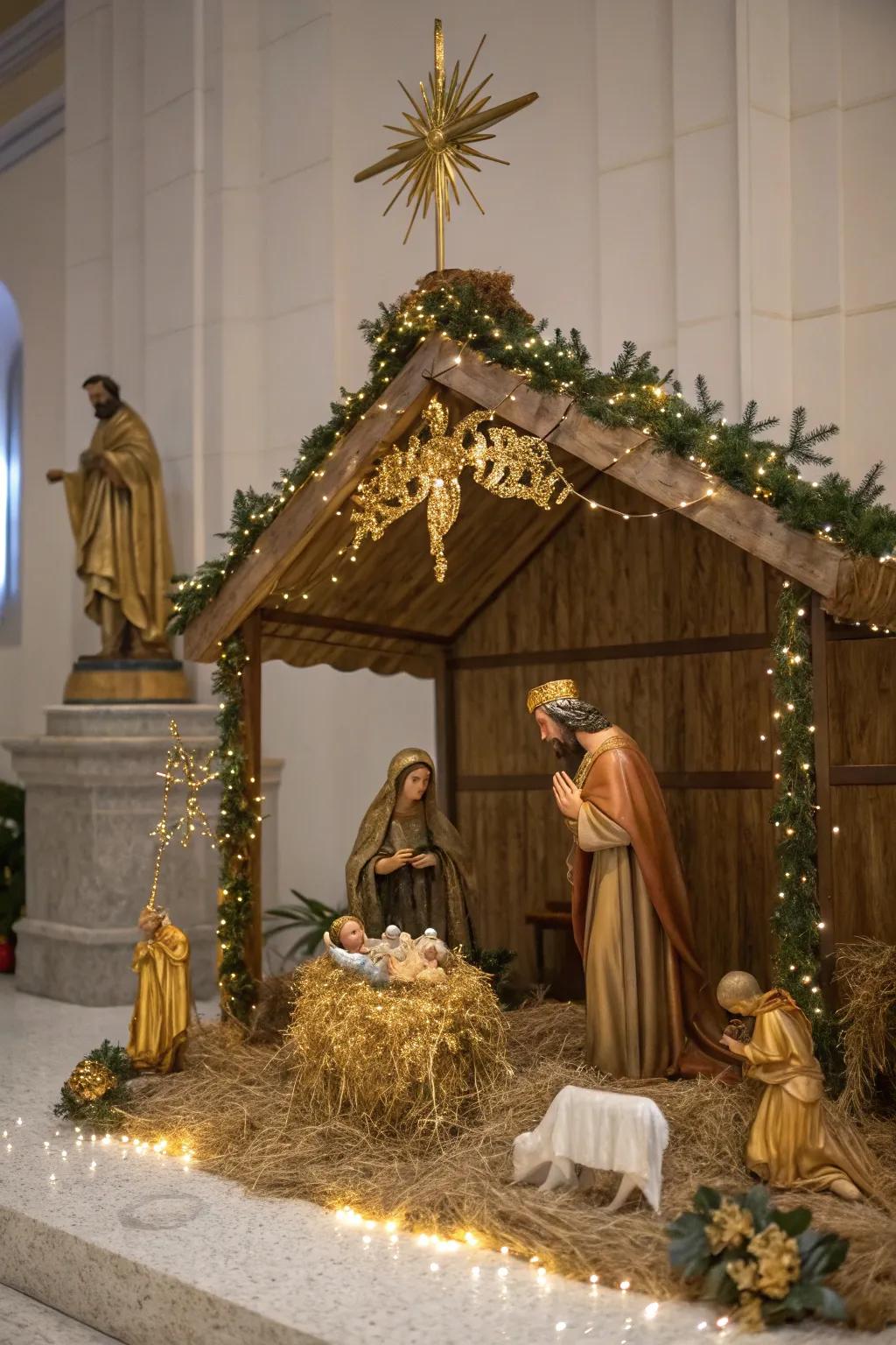 Golden details add a touch of sophistication to your nativity scene.